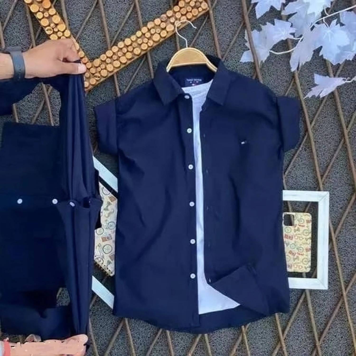 TorontoCN Men Solid Casual Dark Blue Shirt