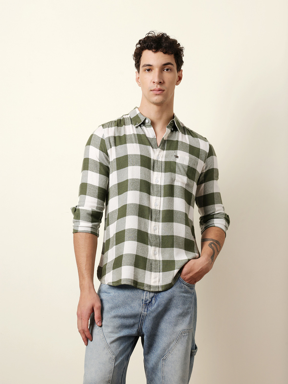 Image of THE BEAR HOUSE Men Checkered Casual Green Shirt