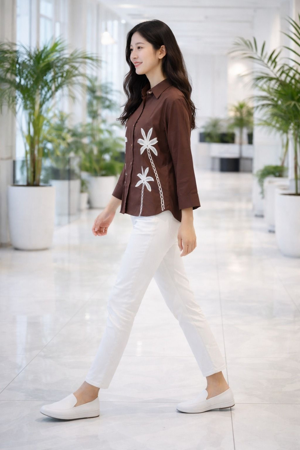 Image of SOLFY Women Embroidered, Solid Casual Brown Shirt