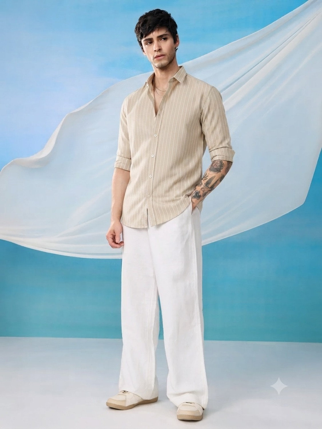 Image of METRONAUT Men Striped Casual Beige Shirt