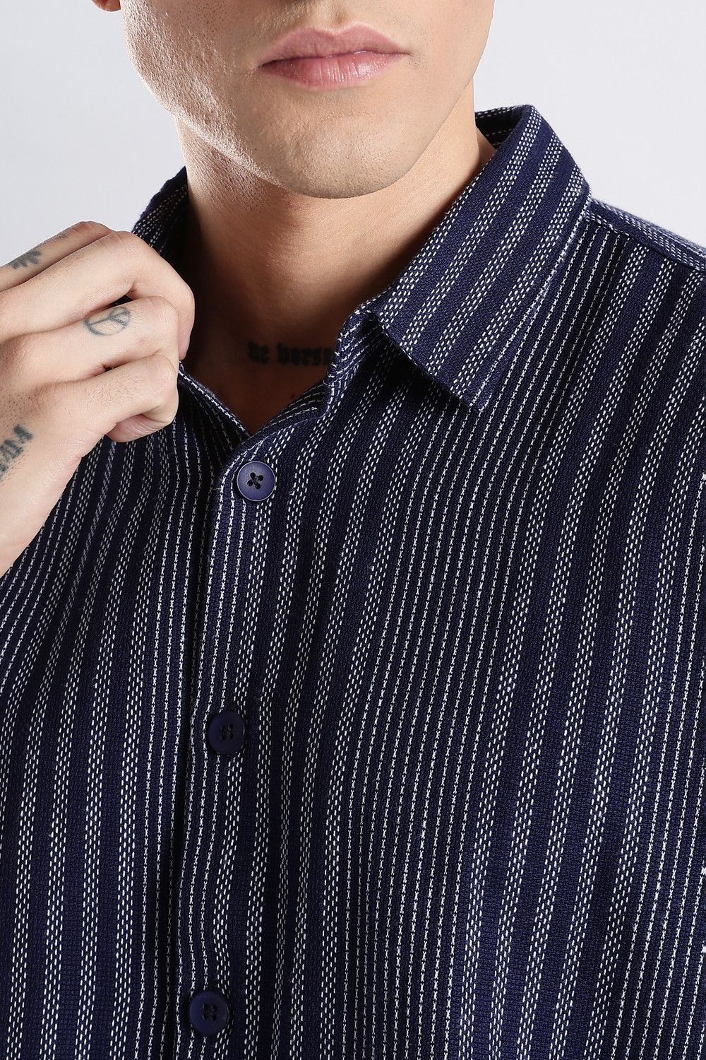 Image of ADRO Men Striped Casual Dark Blue Shirt