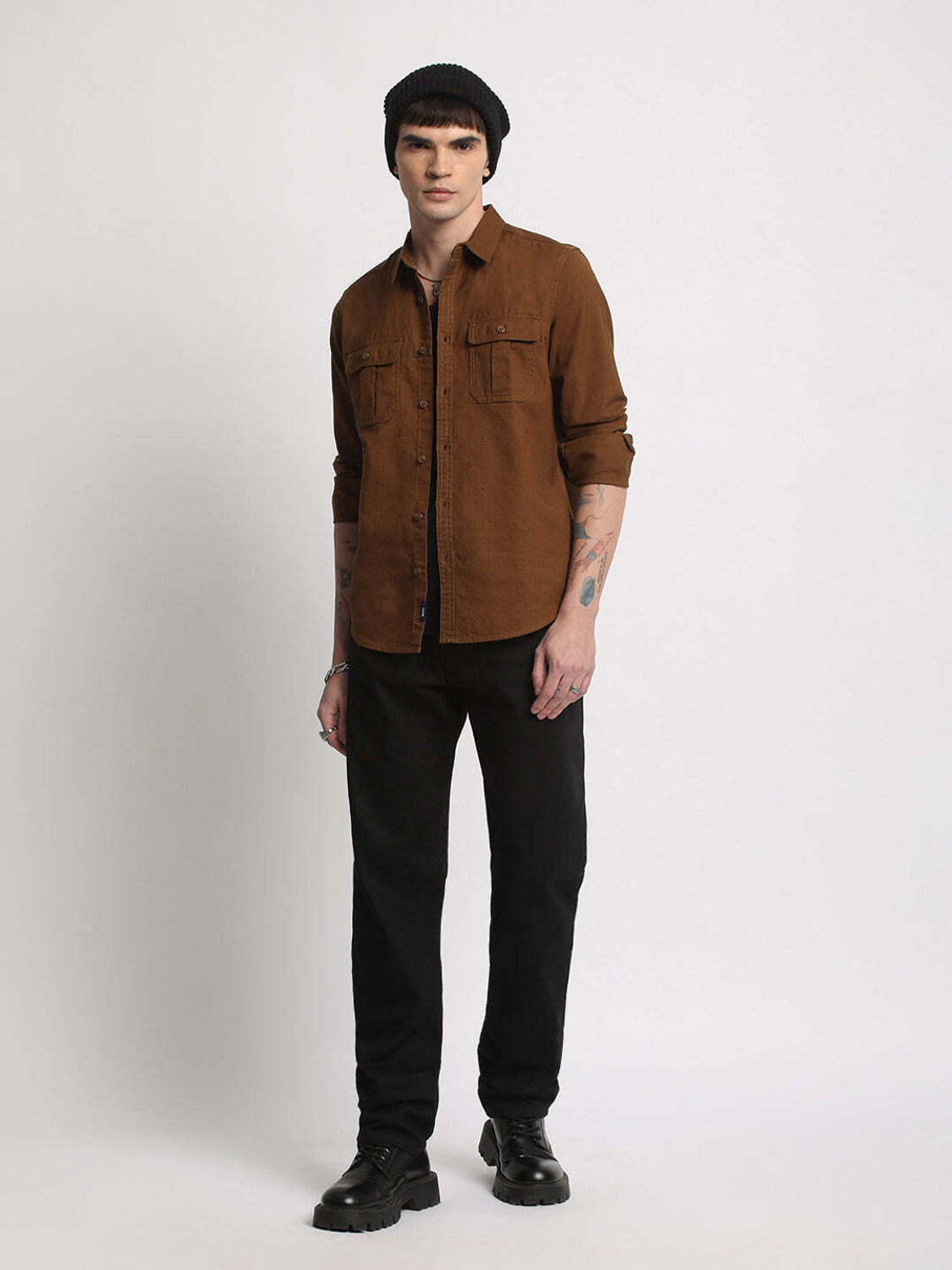 Image of THE BEAR HOUSE Men Solid Casual Brown Shirt