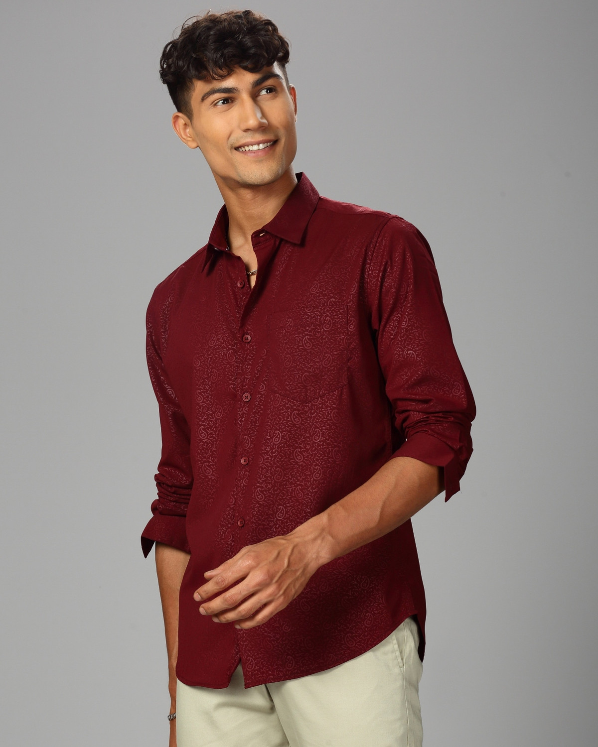 Image of British Club Men Floral Print Casual Maroon Shirt