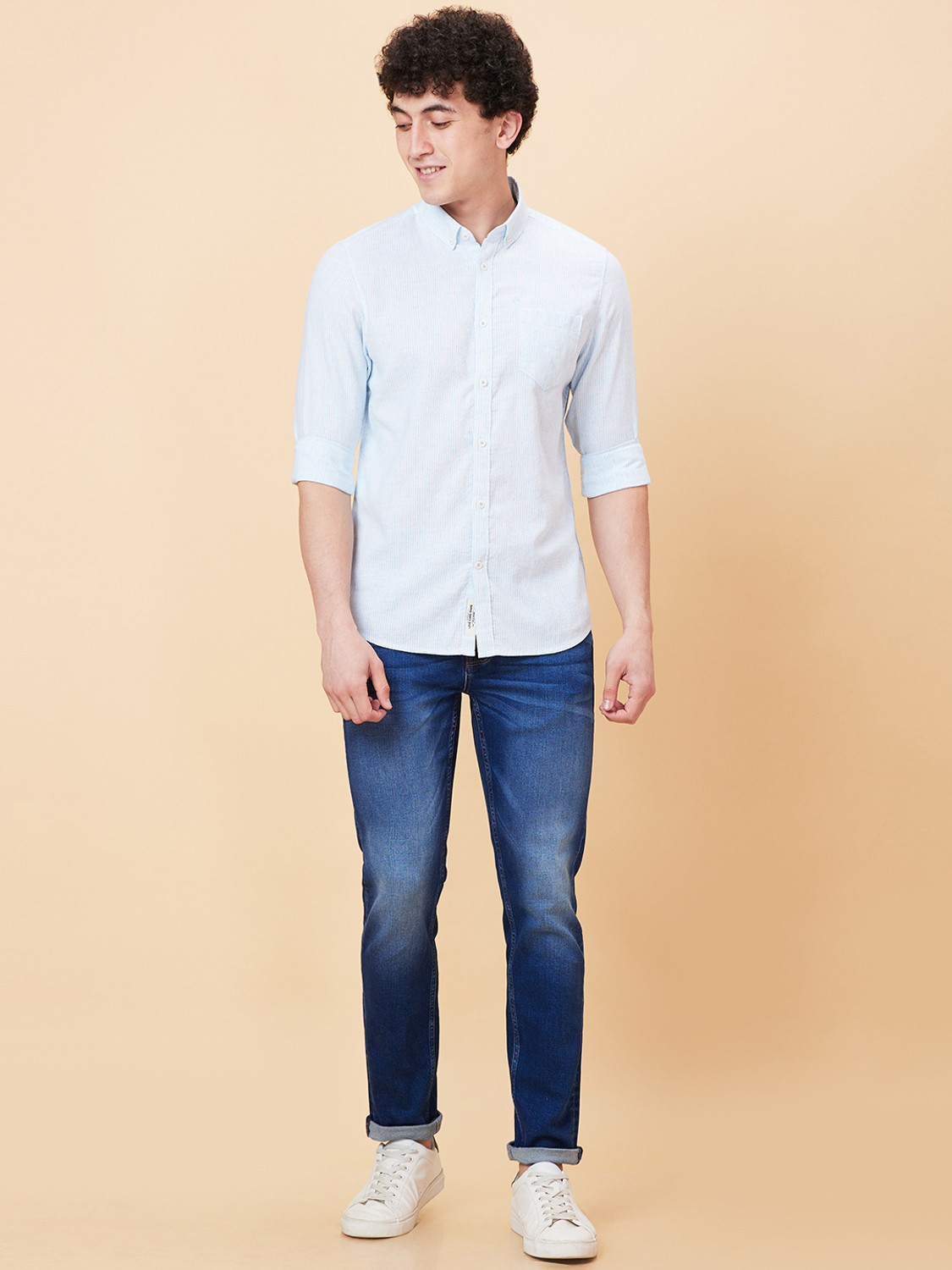 Image of BEING HUMAN Men Striped Casual Light Blue Shirt
