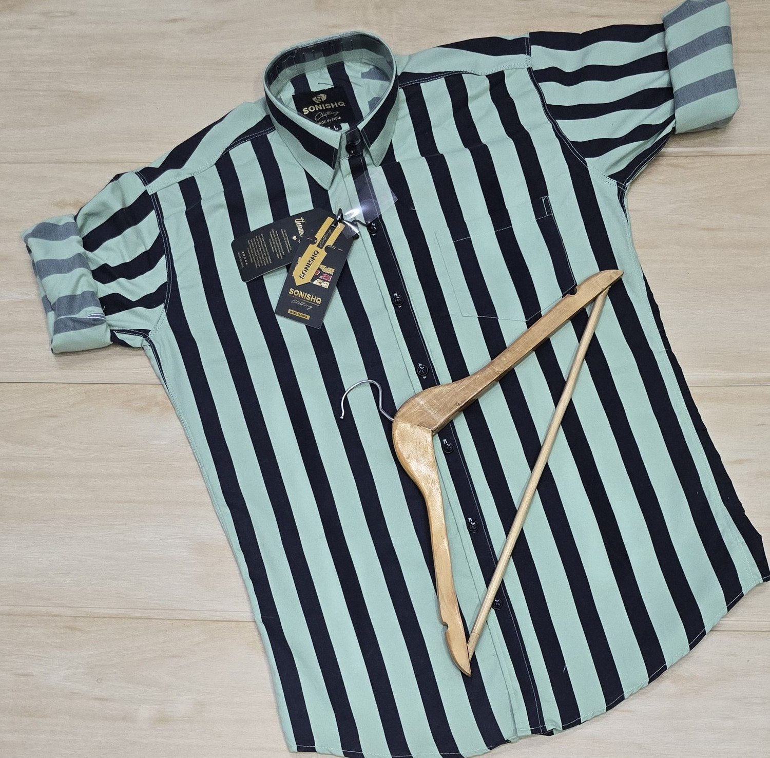 Image of SONISHQ Men Striped Casual Green, Blue Shirt