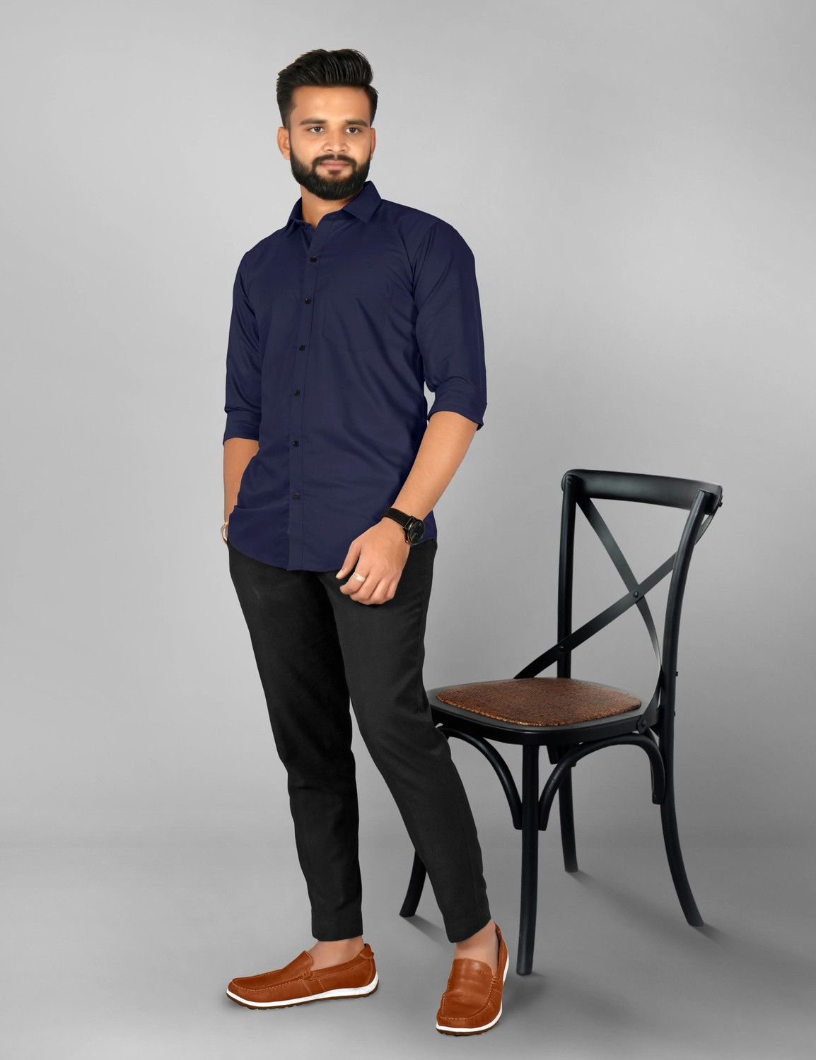 Image of FIBERMILL Men Solid Formal Dark Blue Shirt
