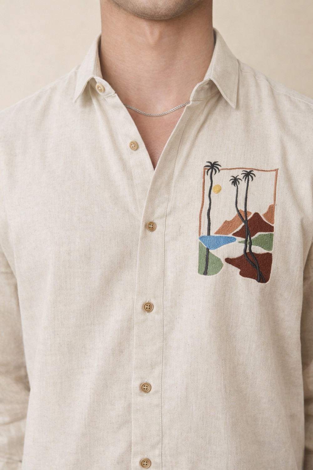Image of COMBRAIDED Men Floral Print Casual Beige Shirt