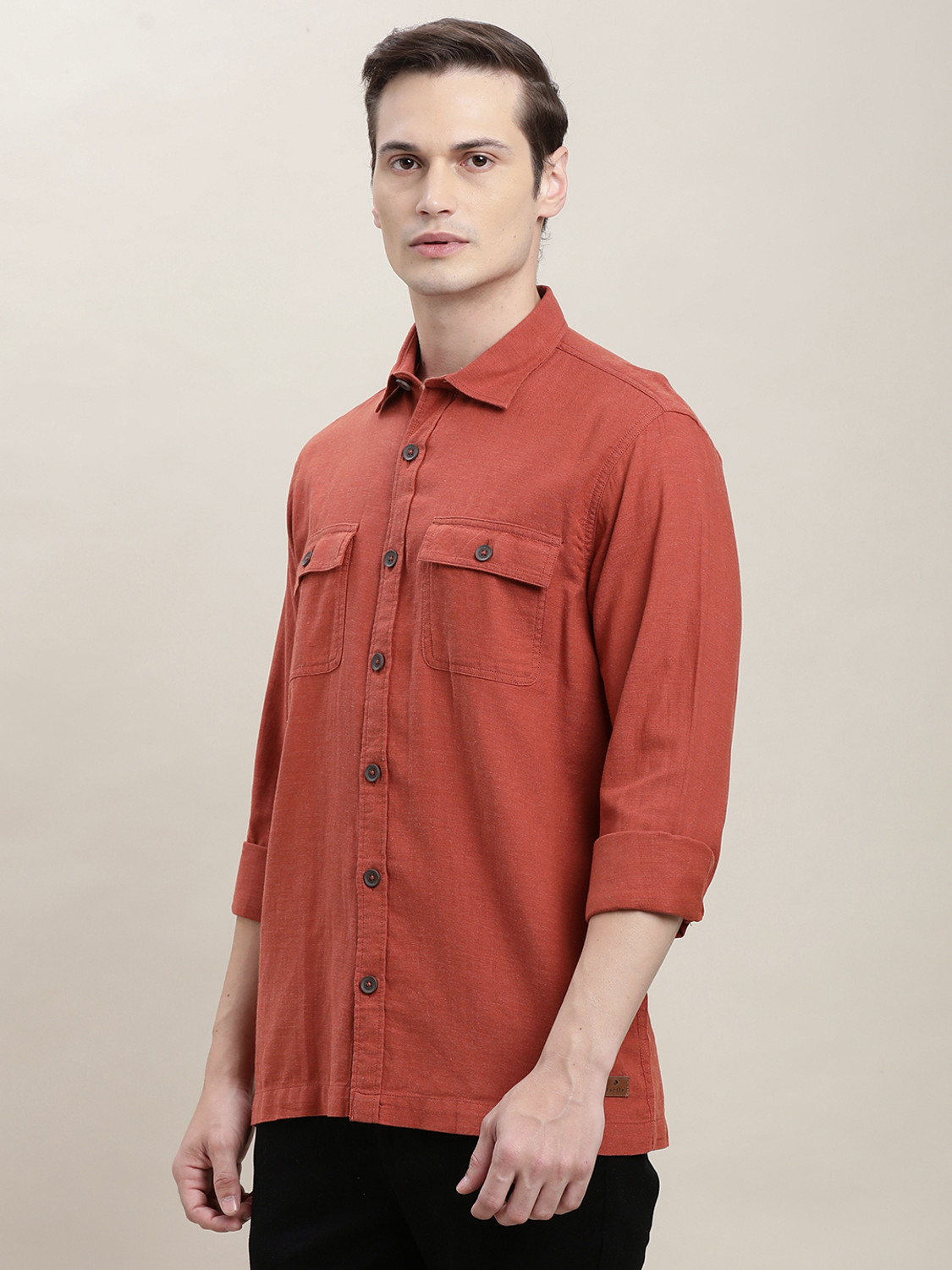 Image of TURTLE Men Solid Casual Orange Shirt