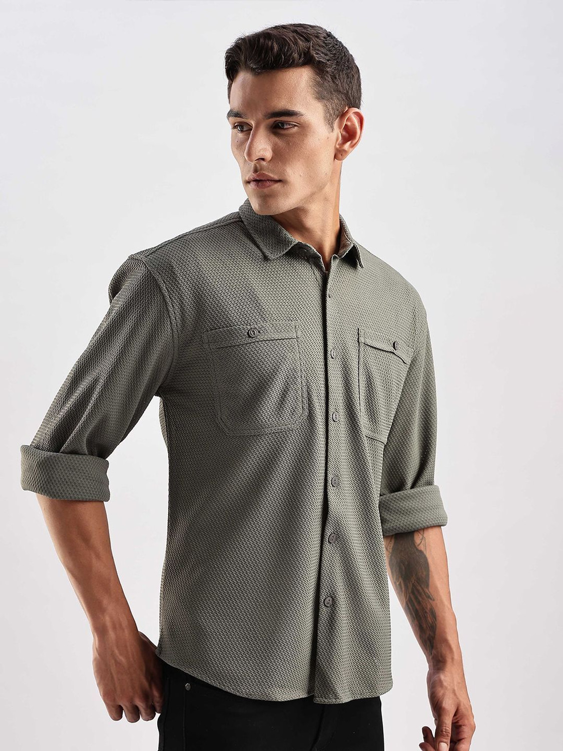 Image of HERE&NOW Men Striped Casual Grey Shirt