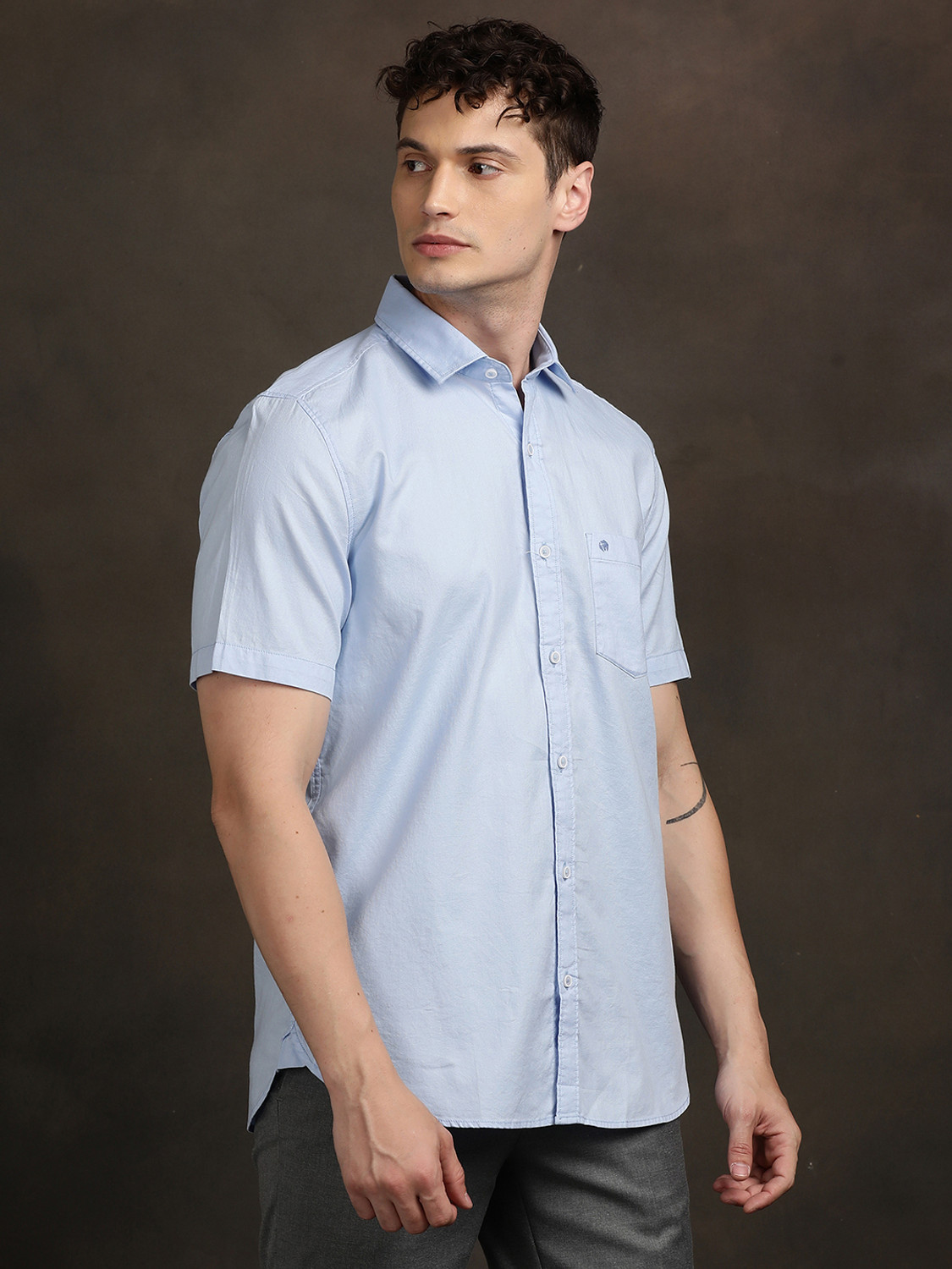 Image of TURTLE Men Solid Casual Light Blue Shirt