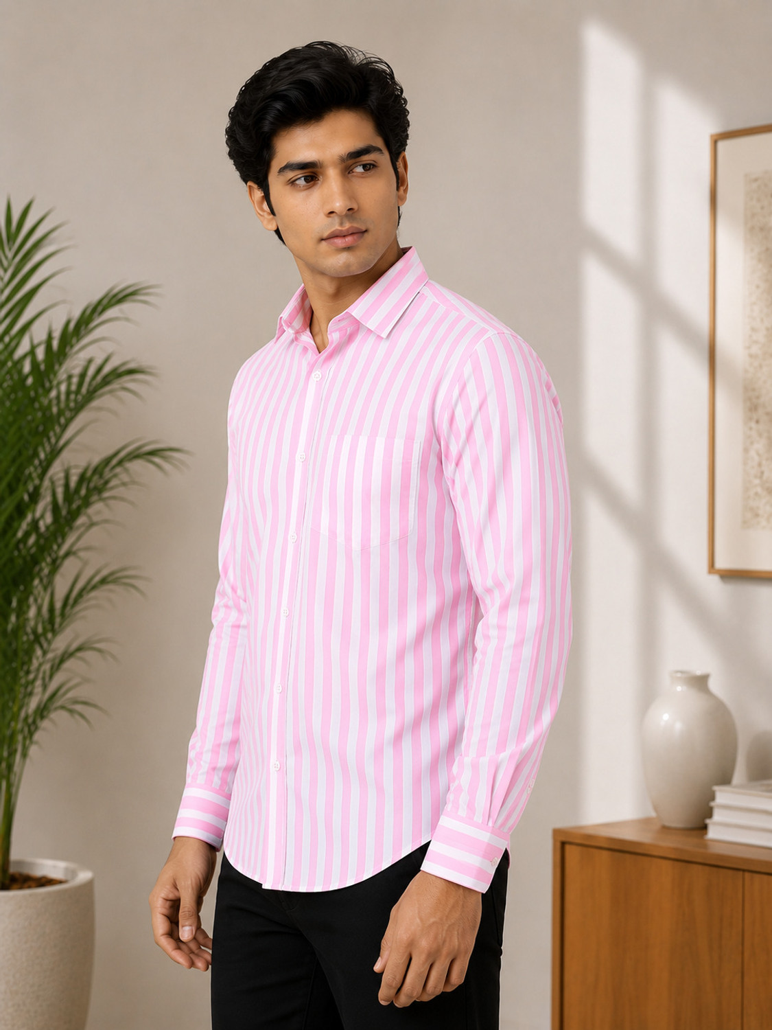 Image of FUBAR Men Striped Casual Pink Shirt