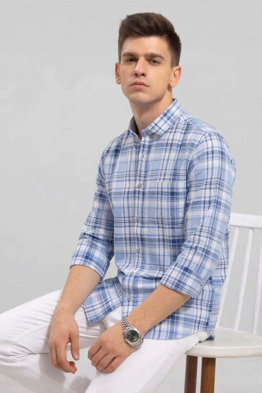 Image of R.Code by The Roadster Life Co. Men Checkered Casual Light Blue, White Shirt