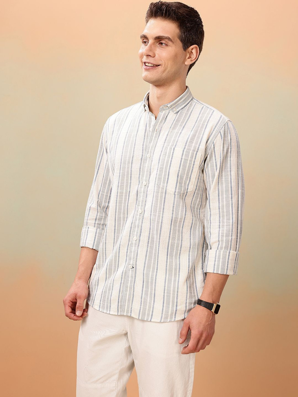 Image of Mast & Harbour Men Striped Casual White Shirt