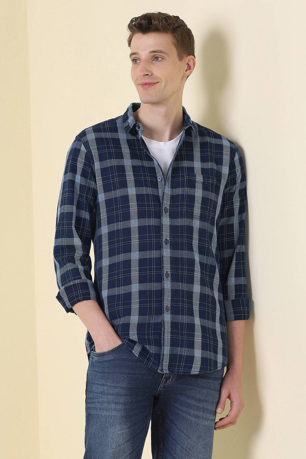Allen Solly Men Checkered Casual Dark Blue Shirt
