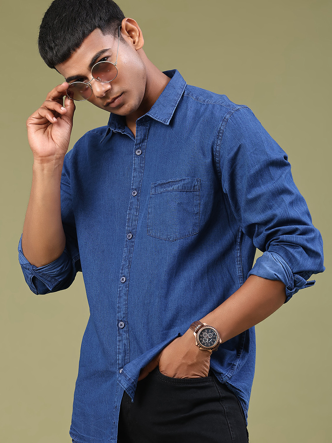Image of V-MART Men Solid Casual Blue Shirt