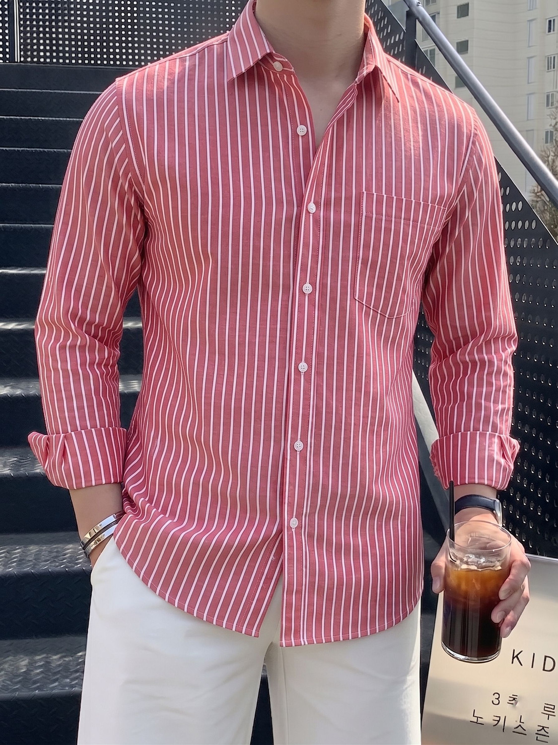 Image of indossare Men Striped Casual Pink Shirt