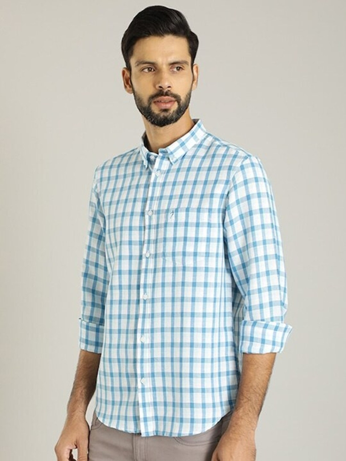 Image of INDIAN TERRAIN Men Checkered Casual Blue Shirt