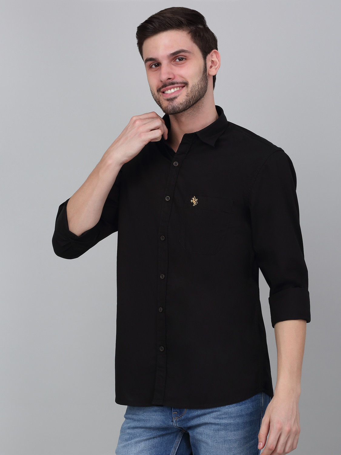 Image of CANTABIL Men Solid Casual Black Shirt