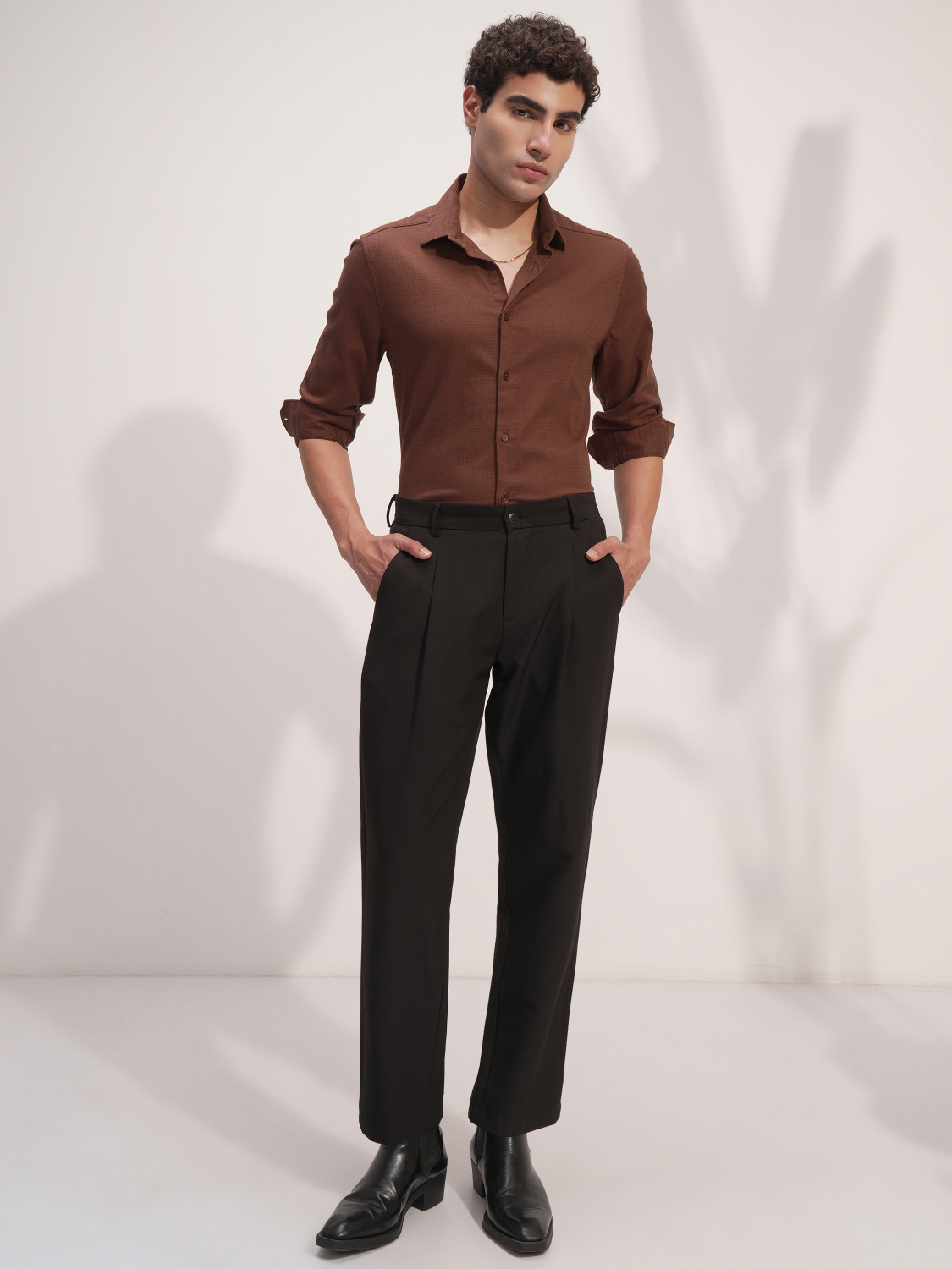 Image of HIGHLANDER Men Solid Casual Brown Shirt