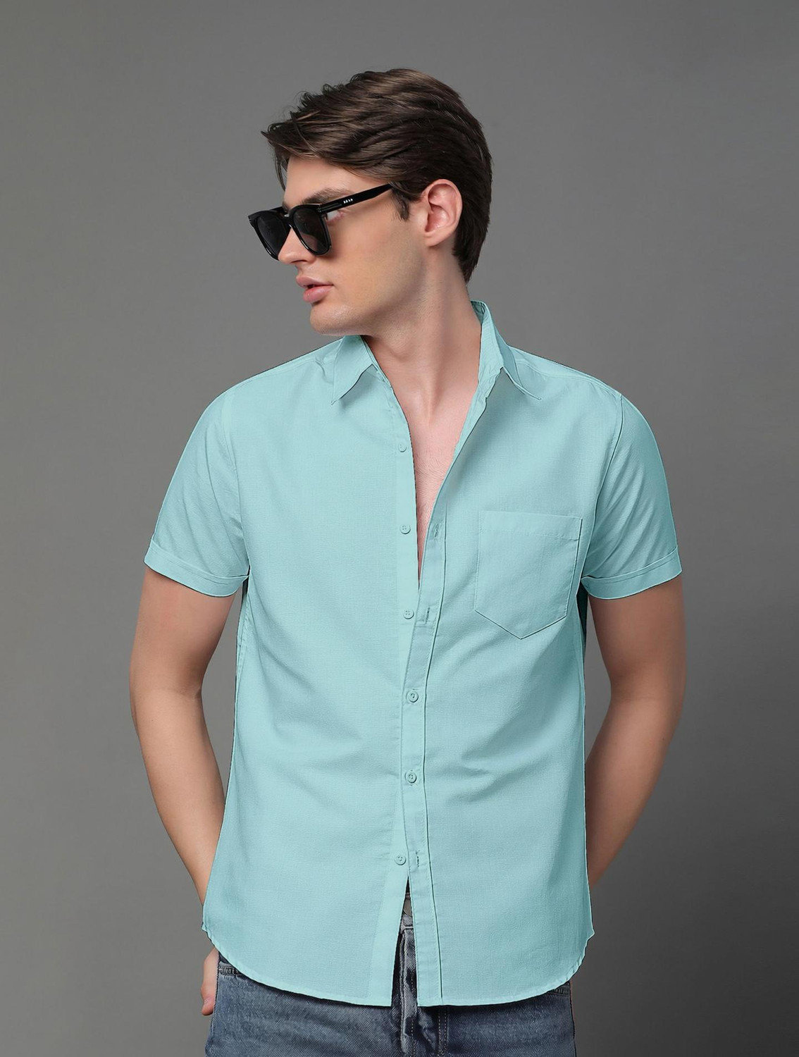 Image of Voroxy Men Solid Casual Light Blue Shirt