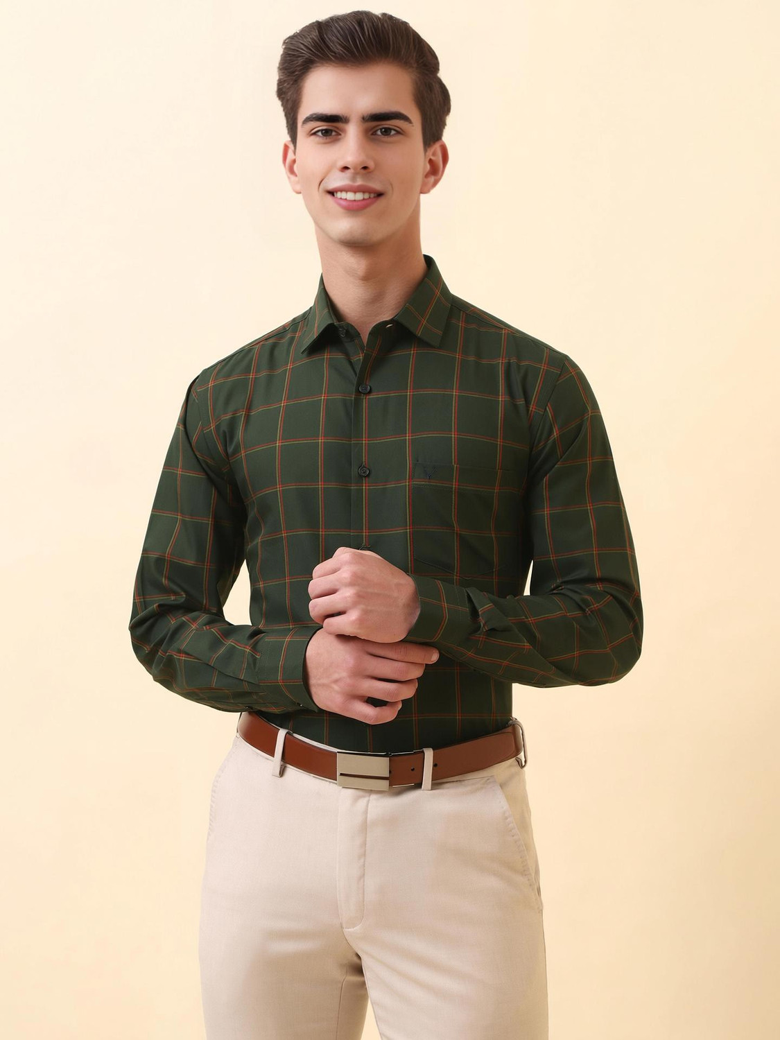 Image of Allen Solly Men Checkered Casual Green Shirt