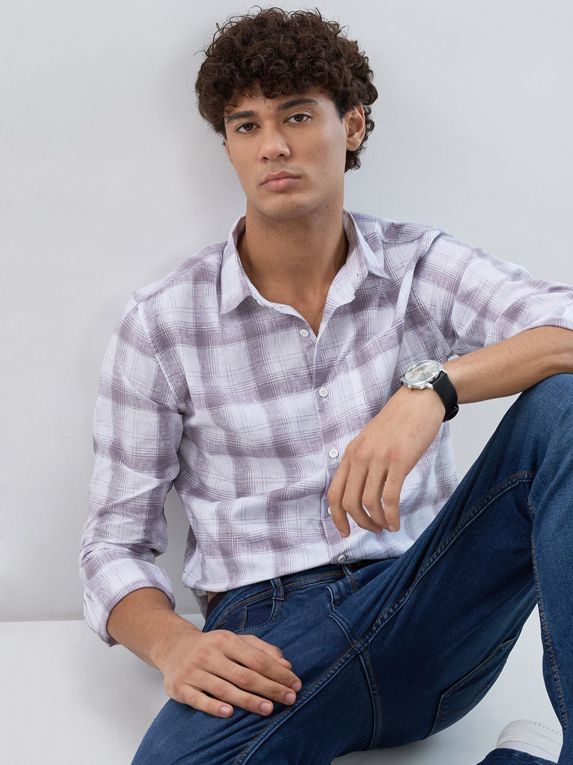 Image of HERE&NOW Men Checkered Casual White Shirt
