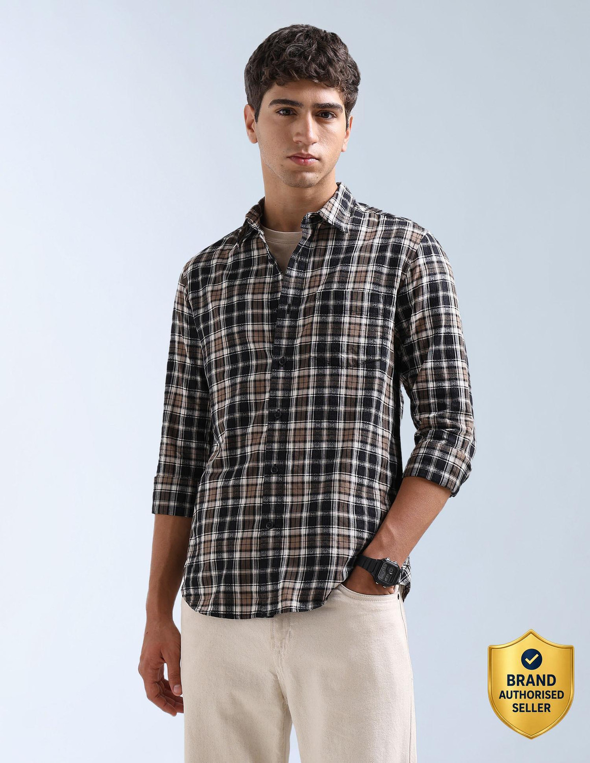 Image of FLYING MACHINE Men Checkered Casual Brown Shirt