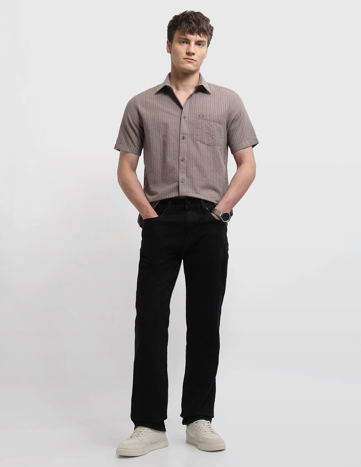 Image of Arrow Sport Men Self Design Casual Brown Shirt