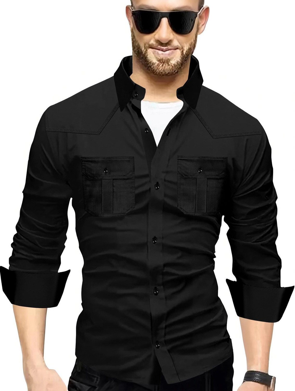 Image of IKON FASHION Men Solid Casual Black Shirt
