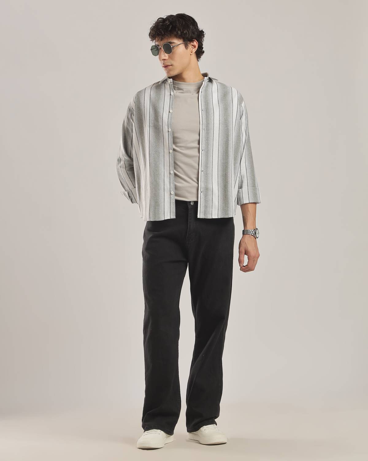 clovaculture Men Striped Casual White, Grey Shirt - Image 2