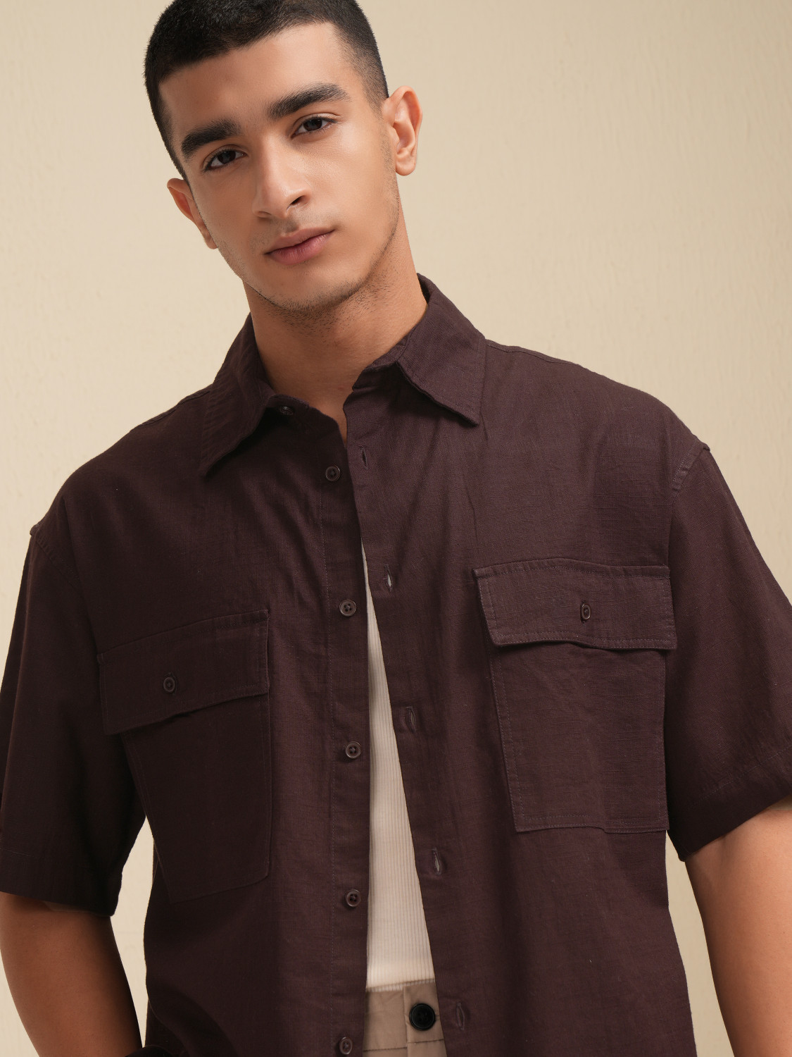 Image of HIGHLANDER Men Solid Casual Brown Shirt