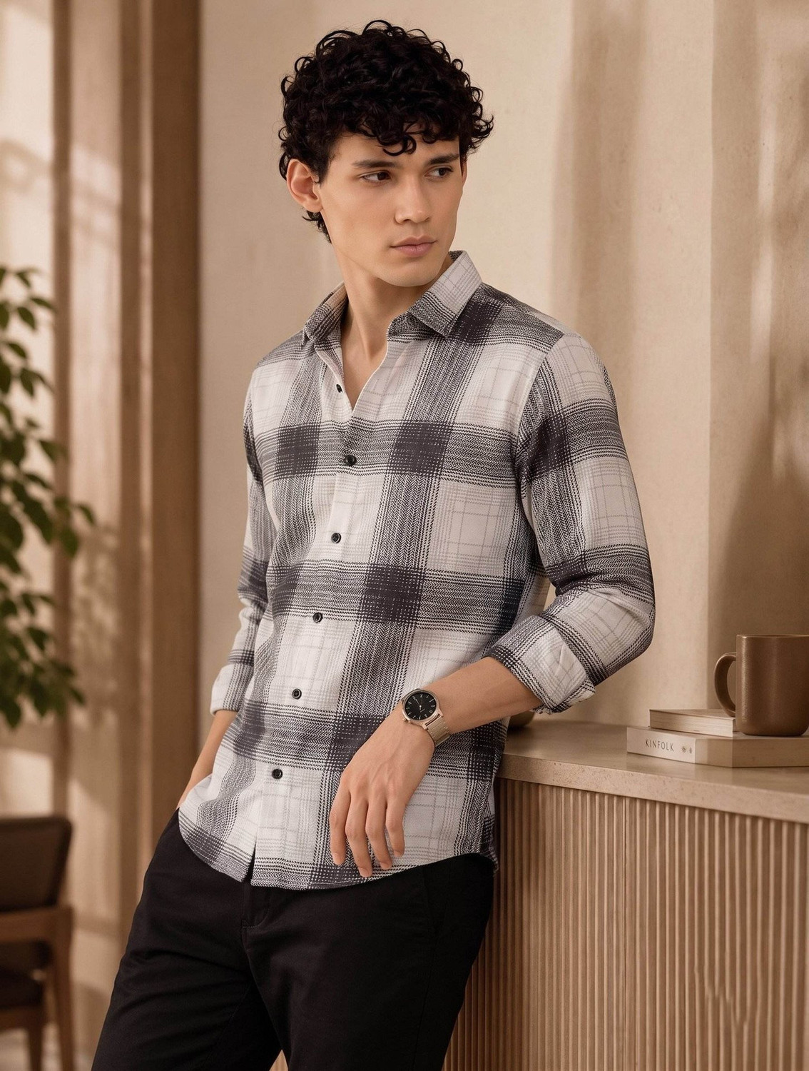 Image of Solbiza Men Checkered Casual White, Black Shirt