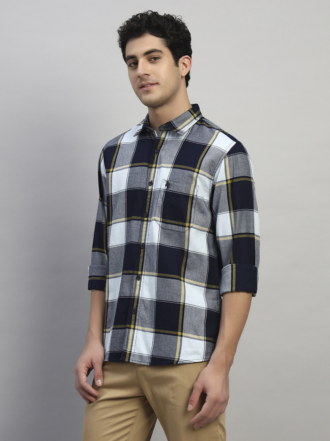Image of CANTABIL Men Checkered Casual Dark Blue Shirt
