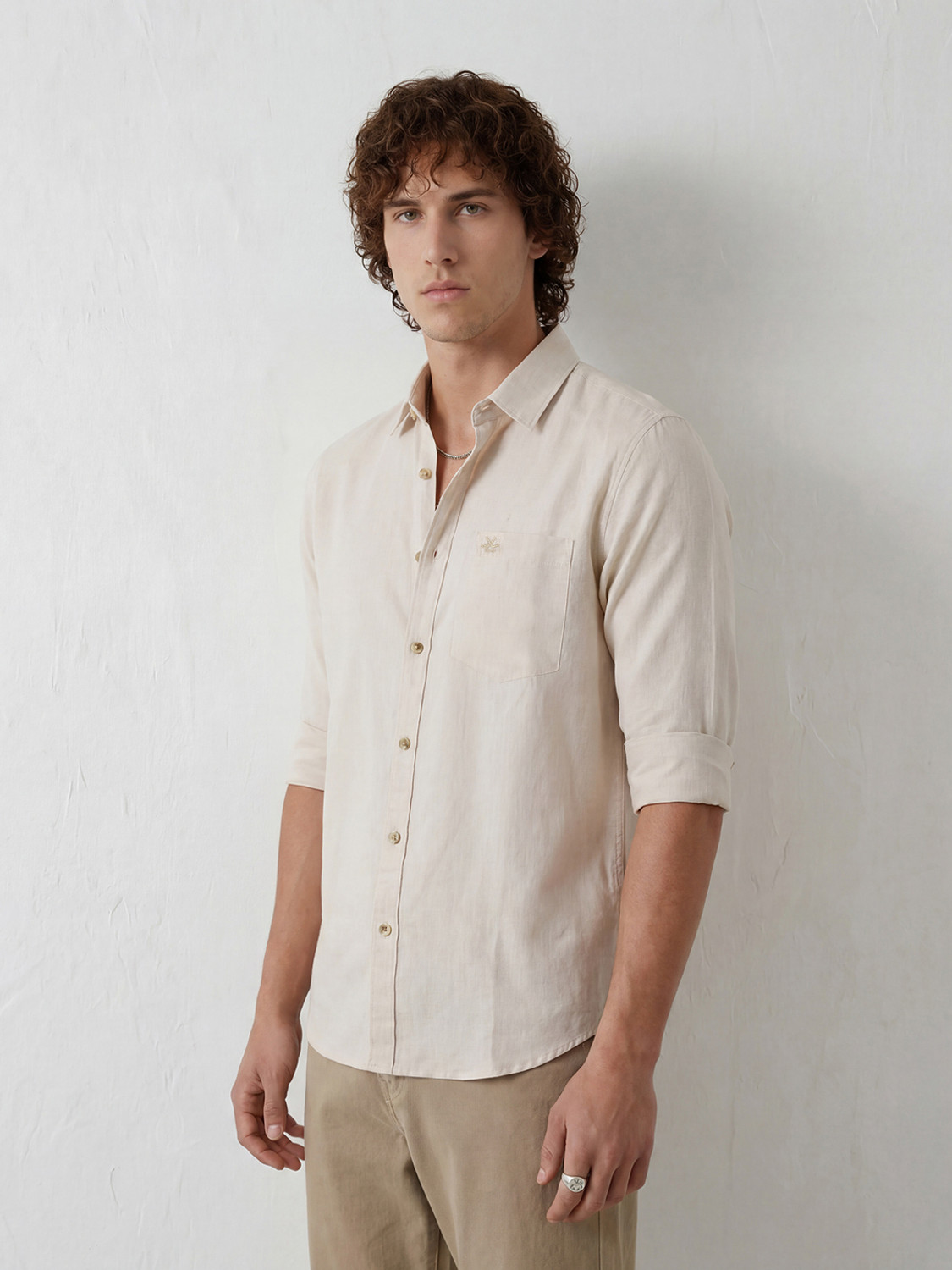 Image of WROGN Men Solid Casual Beige Shirt