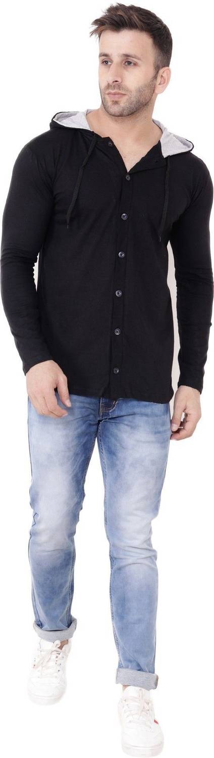 Teacherfab Solid Men Hooded Neck Black T-Shirt