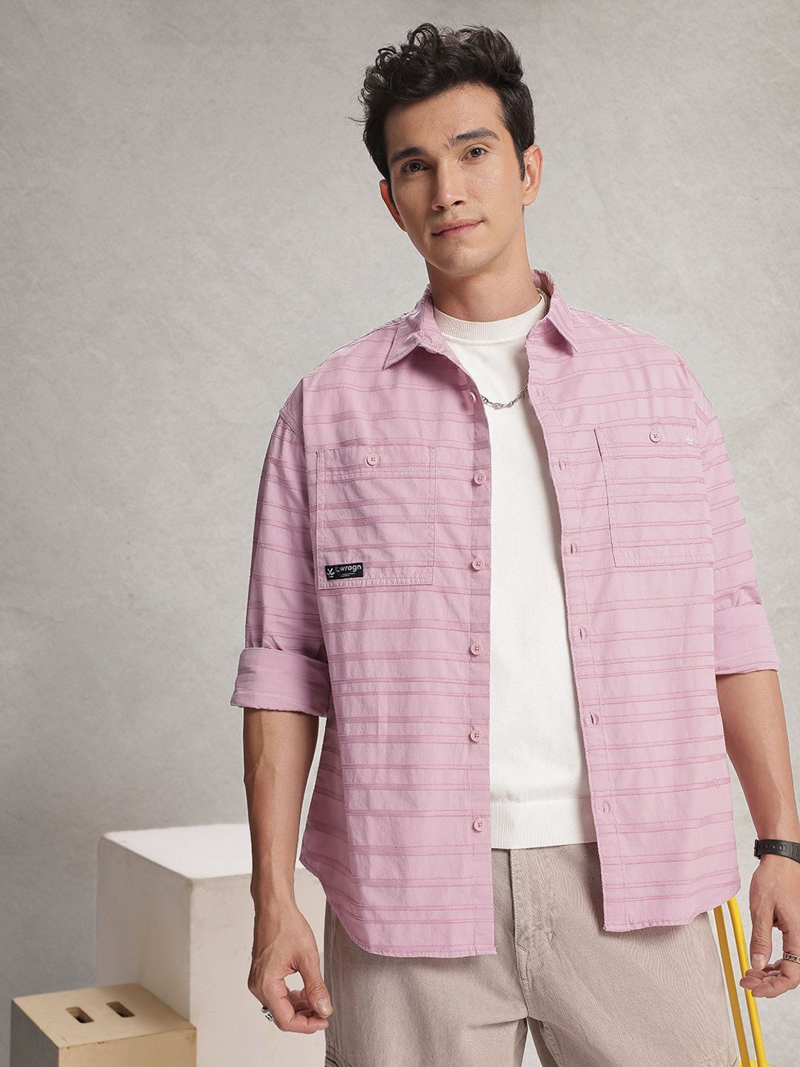 Image of WROGN Men Self Design Casual Pink Shirt