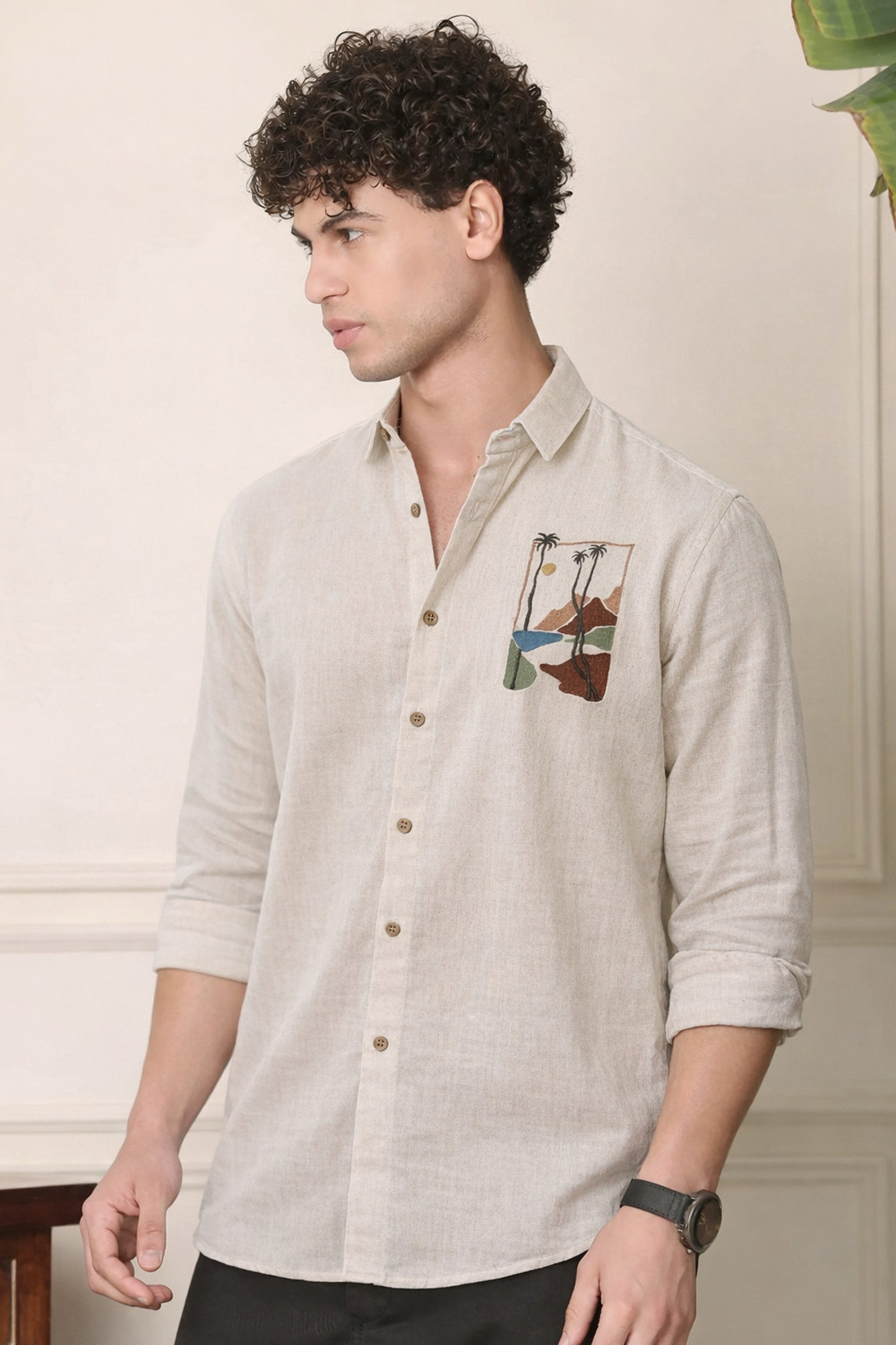 Image of COMBRAIDED Men Floral Print Casual Beige Shirt