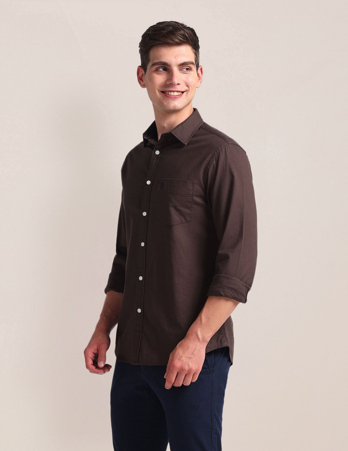 Image of U.S. POLO ASSN. Men Solid Casual Brown Shirt
