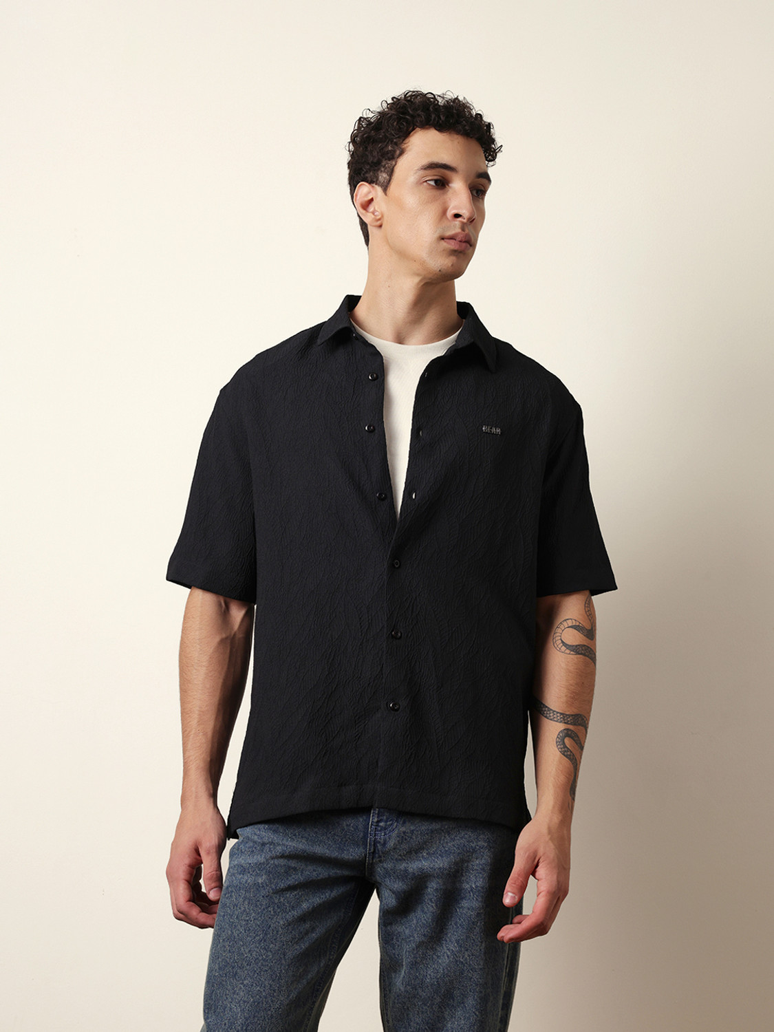 Image of THE BEAR HOUSE Men Solid Casual Black Shirt