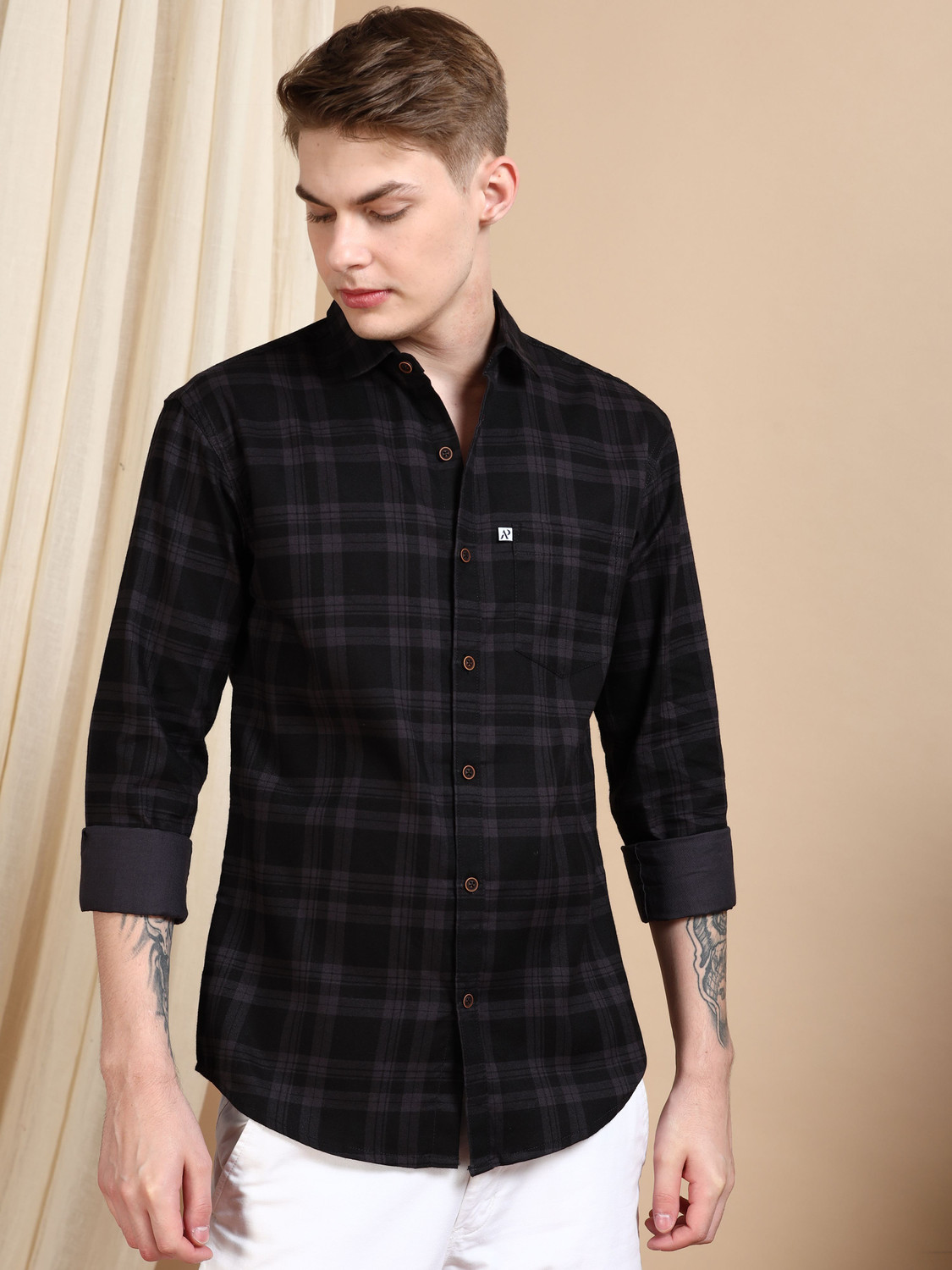 Image of ALLWIN PAUL Men Checkered Casual Black Shirt