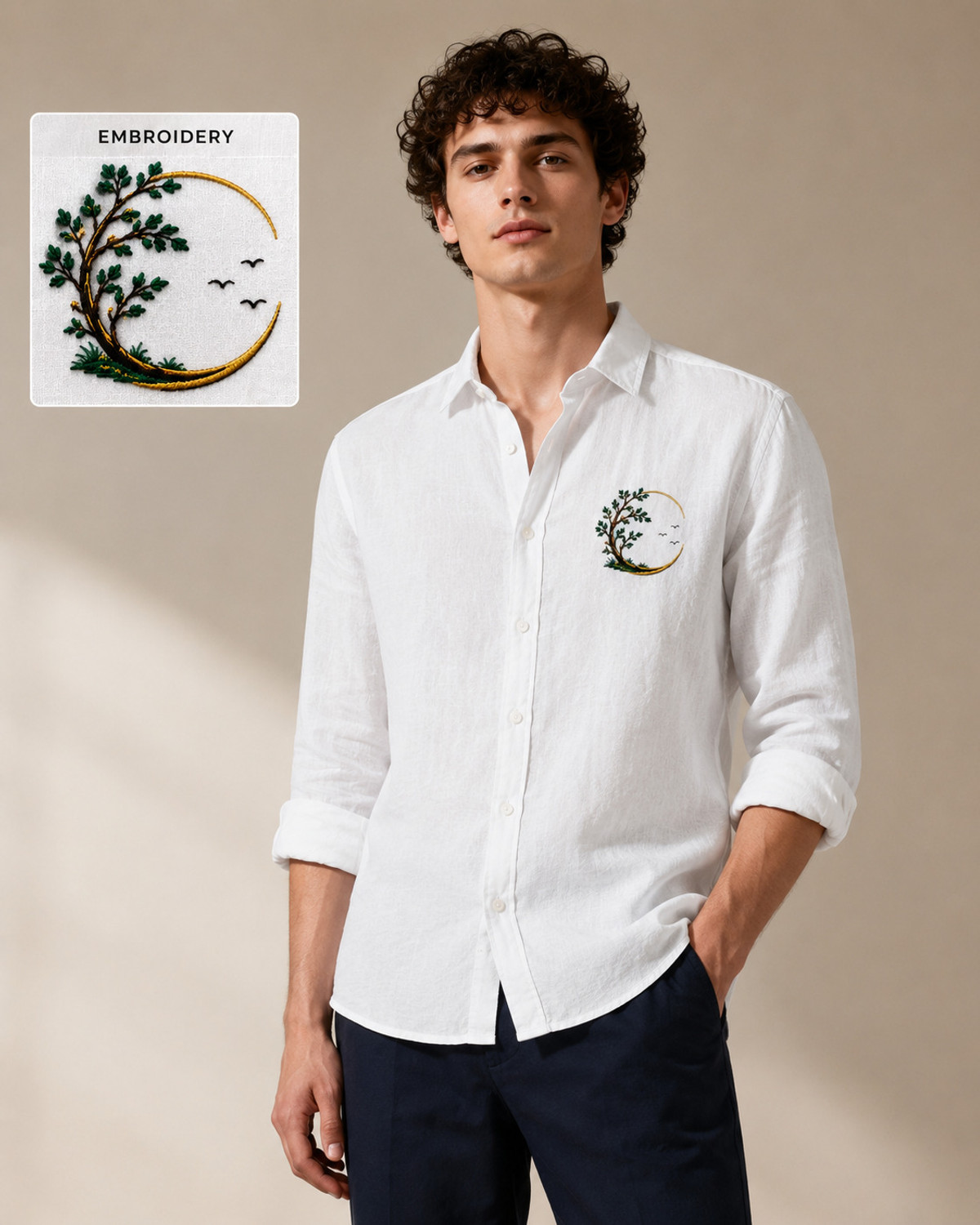 Image of GLANZY Men Regular Fit Embroidered Spread Collar Casual Shirt