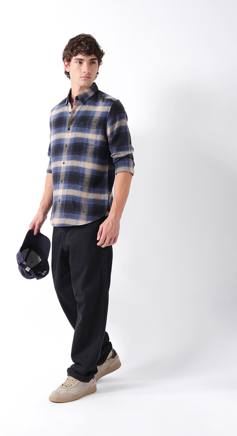 Image of THE BEAR HOUSE Men Checkered Casual Blue Shirt