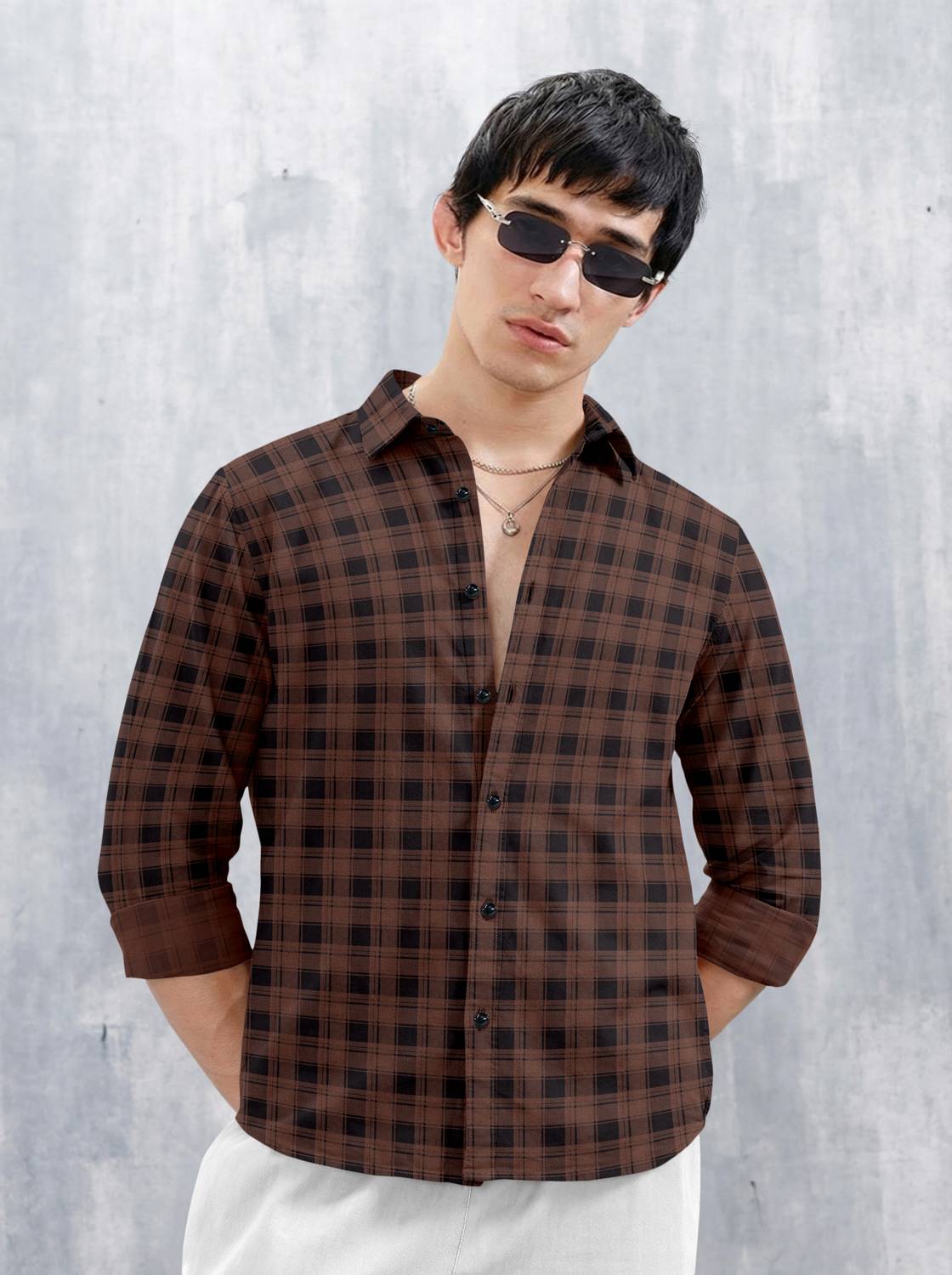 SZN Men Checkered Casual Brown Shirt - Image 1