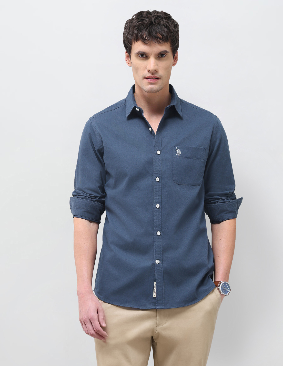 Image of U.S. Polo Assn. Denim Co. Men Solid Casual Blue Shirt