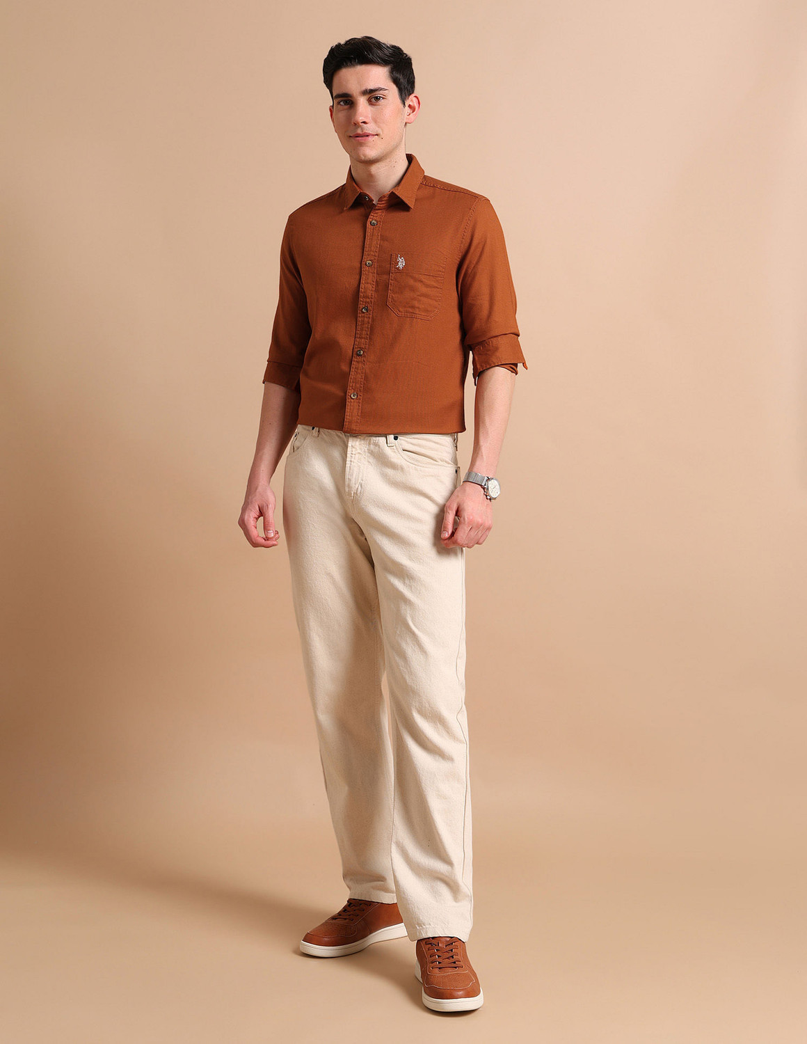 Image of U.S. POLO ASSN. Men Solid Casual Orange Shirt
