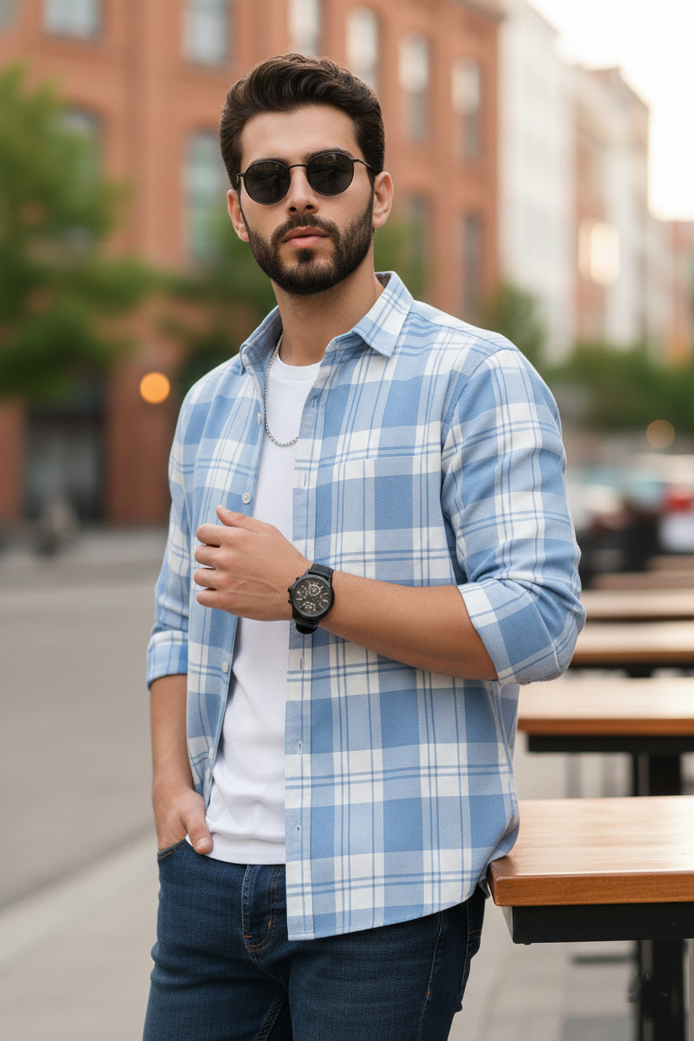 Image of S-LINE Men Checkered Casual Light Blue Shirt