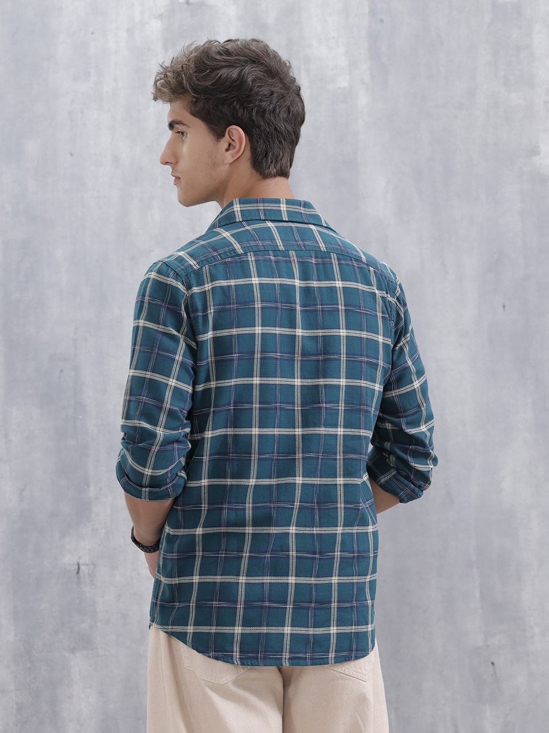 Image of WROGN Men Checkered Casual Green Shirt