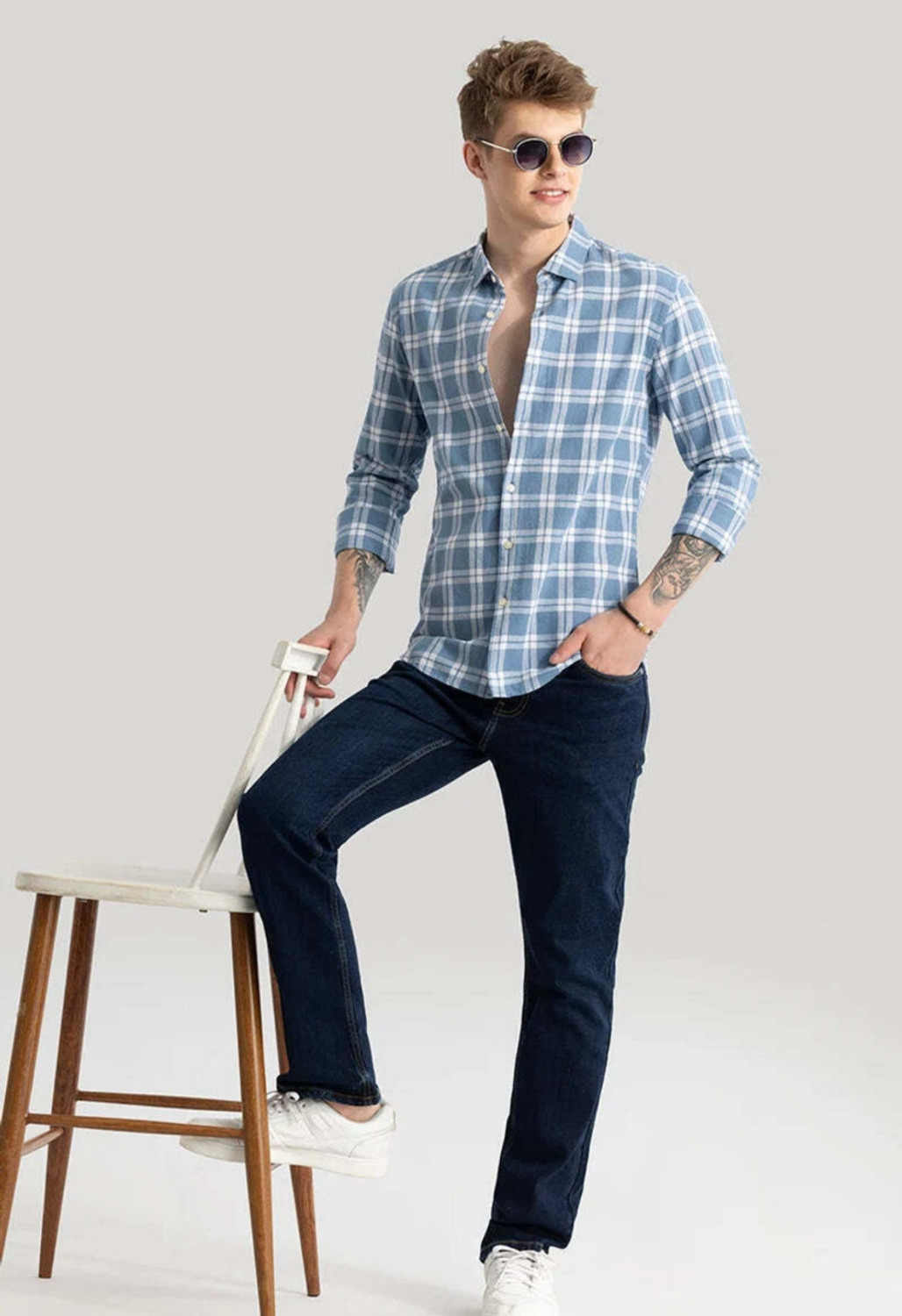 Image of METRONAUT Men Checkered Casual Light Blue Shirt