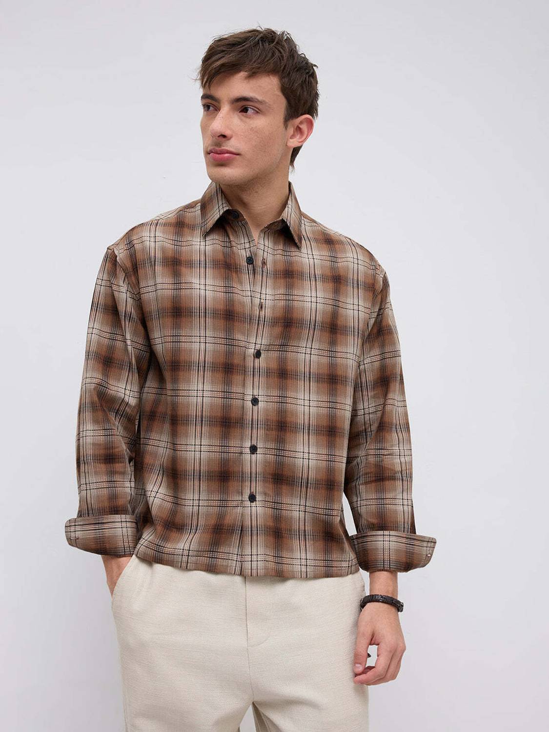 VASTRADO Men Checkered Casual Brown Shirt - Image 5