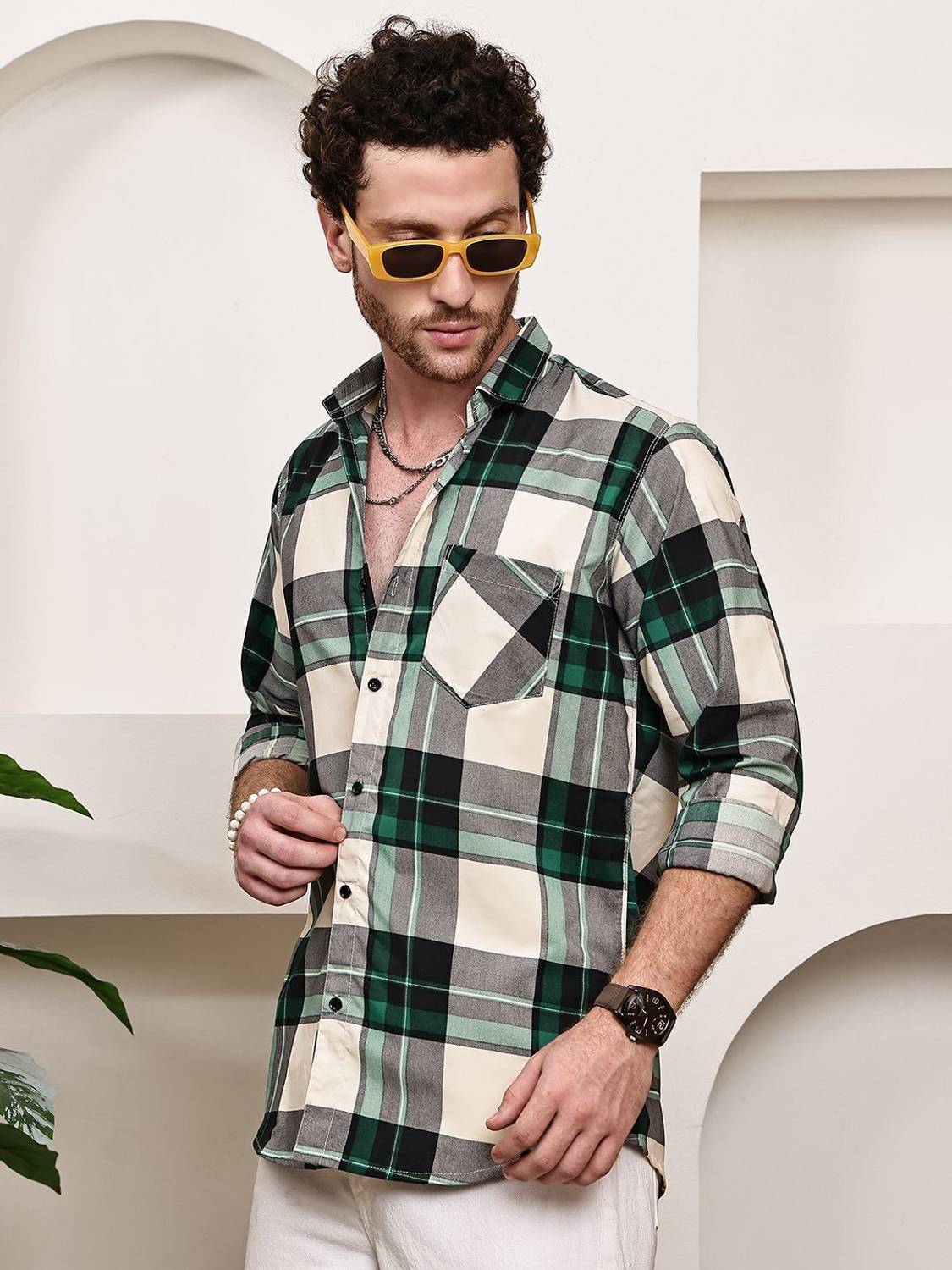 METRONAUT Men Light Green Checkered Shirt - Image 5